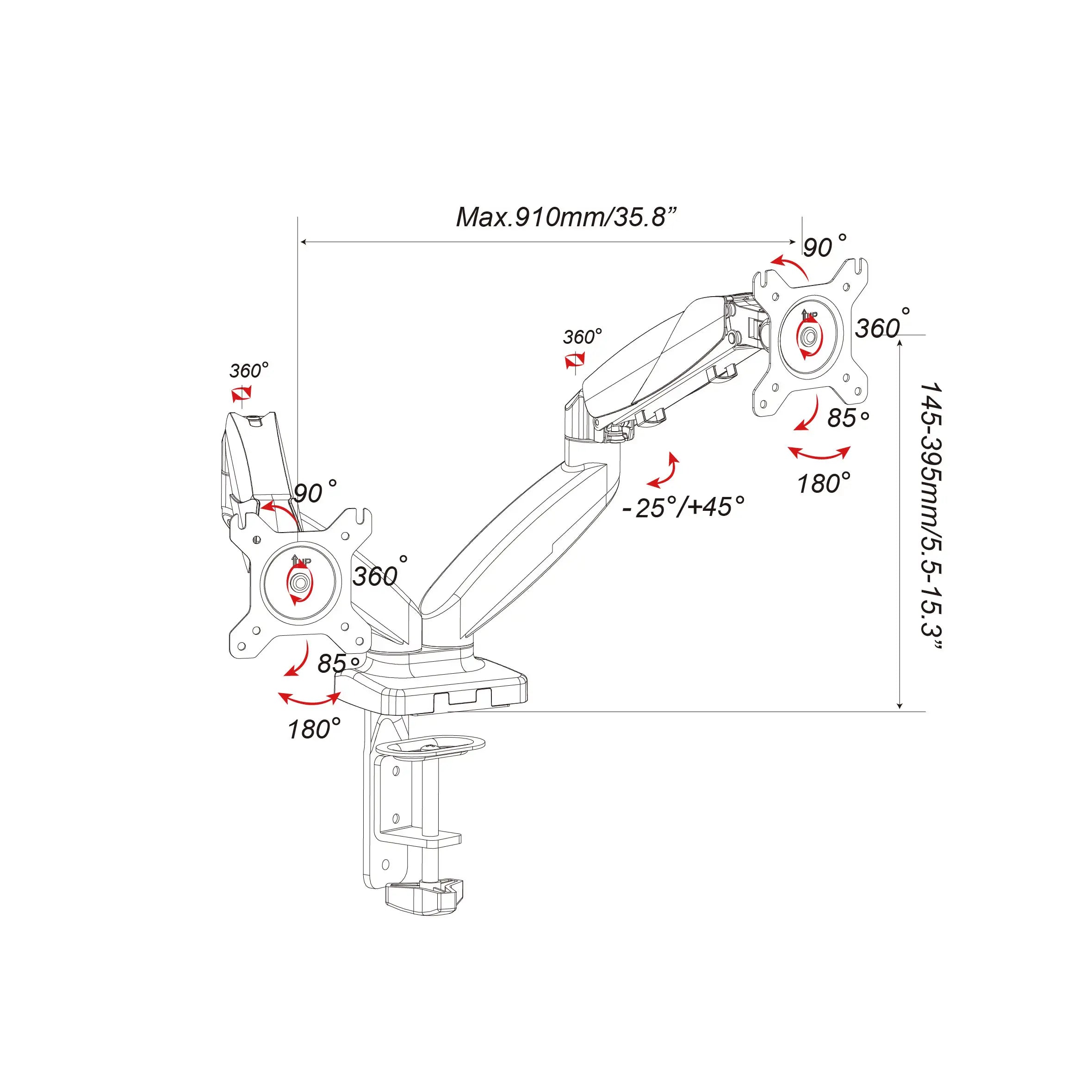 EXVEGA 15-32″ LCD / LED Dual Monitor Arm with Gas Spring VESA Stand EX787 - EXVEGA