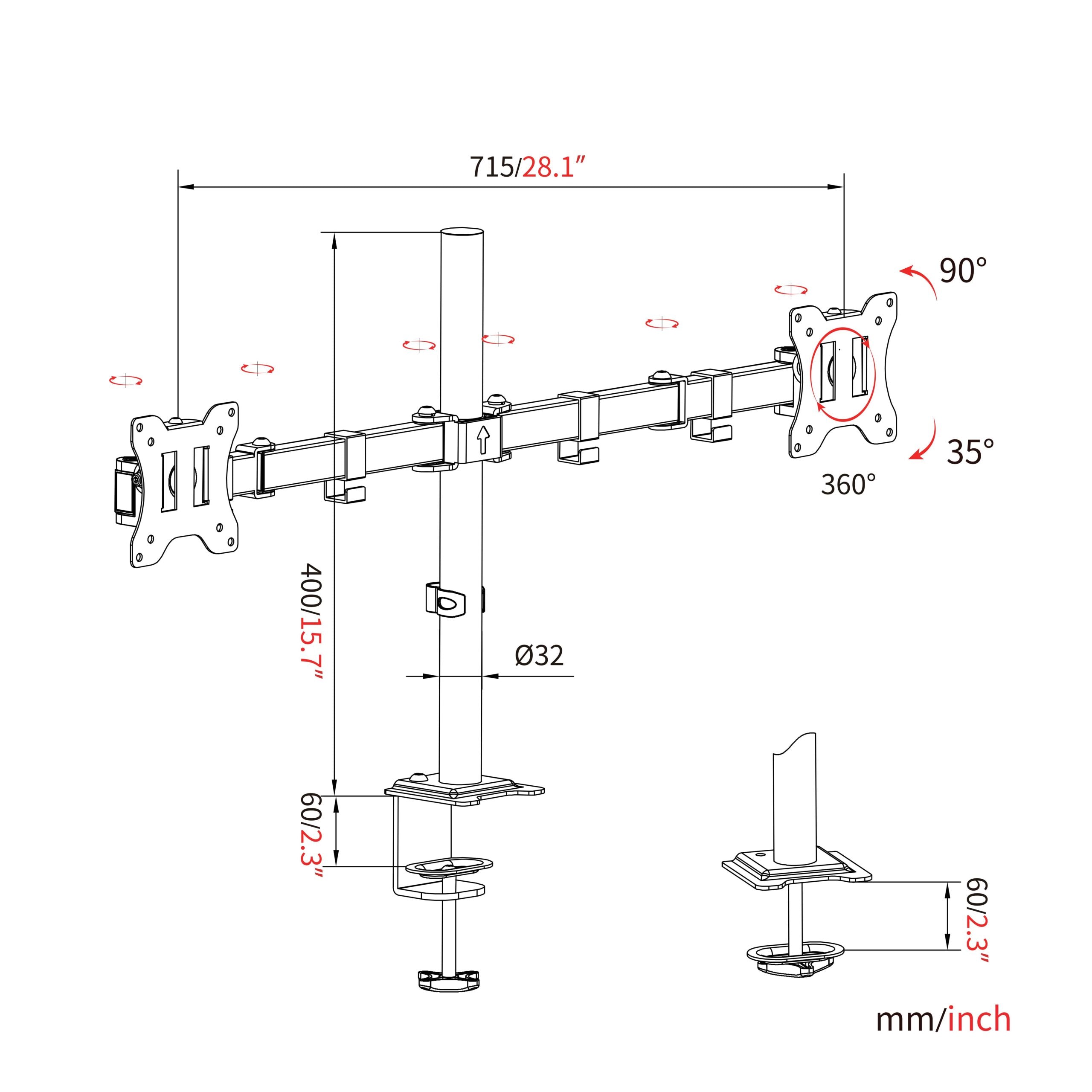 EXVEGA 13-27″ LCD / LED Dual Monitor Arm Adjustable VESA Stand EX788 - EXVEGA